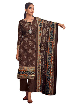 DRAVINAM Trends Un Stitched Women's Woolen Salwar suit Dress Material for winetr wear with warm pashmina shawl dupatta (Dark Brown)