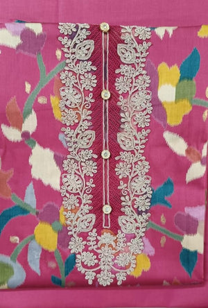 DRAVINAM Trends Women's Dark Pink Unstitched Salwar Suit Dress Material | Intricate Embroidered Neckline & Multi-Color Floral Design | 3-Piece Set (Kurta, Bottom, Dupatta)