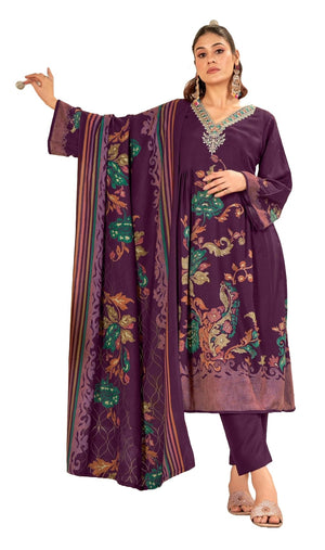 DRAVINAM Trends Women's Winter Wear Unstitched Digital Floral Printed Heavy Neck Embroidered Viscose Pashmina Woollen Salwar Suit Dress Material with Pashmina Digital Printed Brasso Shawl Dupatta