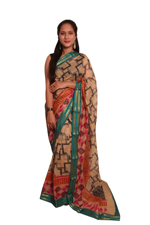 DRAVINAM Trends Women's Cotton Blend Saree With Blouse Piece (ShCh_1_Orange & Blue)