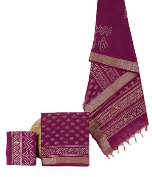 Women's Elegant Red Maheshwari Block Botanical Printed Unstitched Salwar Suit Dress Material with cotton Bottom & Zari Border Dupatta