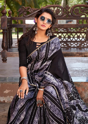 DRAVINAM Trends Women's Soft Mul Mul Cotton Jaipuri Printed Saree with Zari Border and Printed Blouse Piece (Grey)