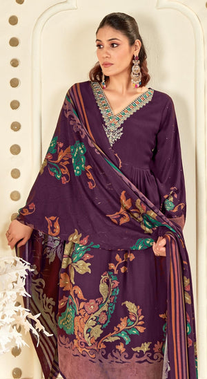 DRAVINAM Trends Women's Winter Wear Unstitched Digital Floral Printed Heavy Neck Embroidered Viscose Pashmina Woollen Salwar Suit Dress Material with Pashmina Digital Printed Brasso Shawl Dupatta