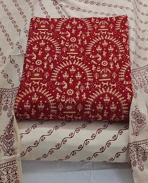 DRAVINAM Trends Women's Premium Cotton Unstitched Salwar Suit Dress Material Set | Traditional Rajasthani Gujari Block Print (Red & Mustard Yellow)