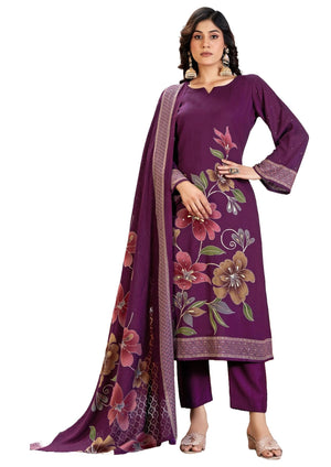 DRAVINAM Trends Complete Unstitch Pashmina Suit Set: Pure Viscose Pashmina Foil Print Top with Fancy Embroidery (2.5 m) II Solid Bottoms (2.8 m) II Digital Print Shawl Dupatta (2.25 m)