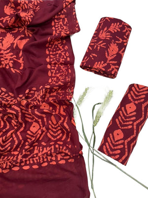 DRAVINAM Trends Premium Hand Block Floral Print Unstitched Pure Cotton Salwar Suit Set with Dupatta - Red & White