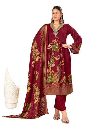 DRAVINAM Trends Women's Winter Wear Unstitched Digital Floral Printed Heavy Neck Embroidered Viscose Pashmina Woollen Salwar Suit Dress Material with Pashmina Digital Printed Brasso Shawl Dupatta