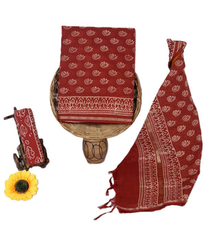 Women's Elegant Beige and Black Chanderi Block Printed Unstitched Salwar Suit Dress Material with Cotton Bottom & Zari Border Dupatta