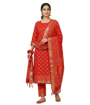 Women's Elegant Red Maheshwari Block Botanical Printed Unstitched Salwar Suit Dress Material with cotton Bottom & Zari Border Dupatta