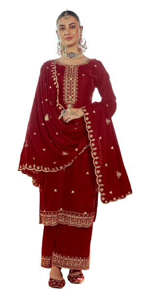 DRAVINAM Trends Women's Red Velvet Embroidered Salwar Suit Dress Material with Dupatta and Unstitched Bottoms