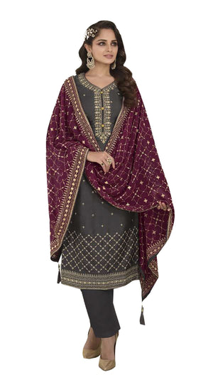 DRAVINAM Trends Women's Sequence Embroidered Silk Unstitched Salwar Suit Dress Material with Sequence Embroidered Blooming Georgette Heavy Dupatta (Dark Grey)