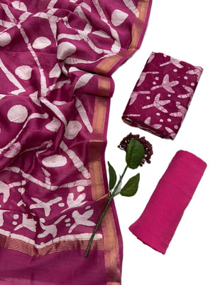 Women's Elegant Magenta Maheshwari Block Abstract Batik Printed Unstitched Salwar Suit Dress Material with Shantoon Bottom & Zari Border Dupatta