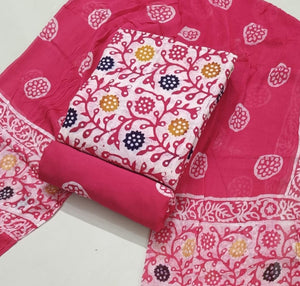 DRAVINAM Trends Unstitched Jaipuri Handmade Wax Batik Print Premium Cotton Dress Material with Pure Chiffon Dupatta