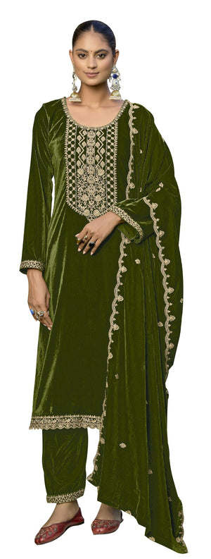 DRAVINAM Trends Women's Unstitched Premium Velvet Embroidered Salwar suit Dress Material with Embroidered Bottoms and Haevy Velvet Dupatta