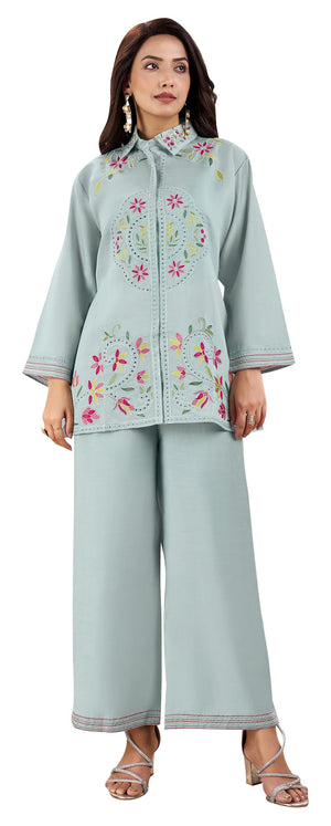 DRAVINAM Trends Women's Stitched Embroidered Pure Roman Silk Co-ord Set II Embroidered Collar Neck Shirt Style Silk Top II Solid Pants (L / 40)