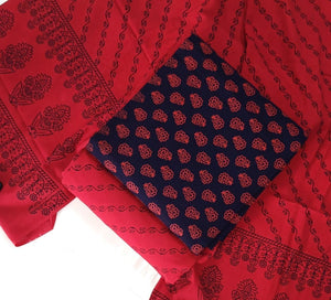 DRAVINAM Trends Women's Premium Cotton Unstitched Salwar Suit Dress Material Set | Traditional Rajasthani Gujari Block Print (Red & Mustard Yellow)
