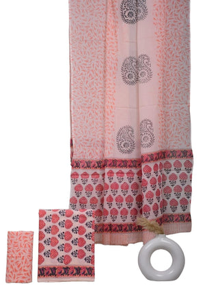 DRAVINAM Trends Hand Block Print Sanganeri Cambric Unstitched Cotton Suit Dress Material for Women with Mulmul Cotton Hand Printed Dupatta