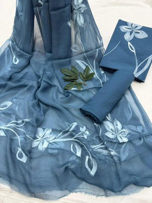 DRAVINAM Trends Women's Floral Hand Painted Unstitched Salwar Suit Dress Material with Pure Chiffon Dupatta (Blue & White)