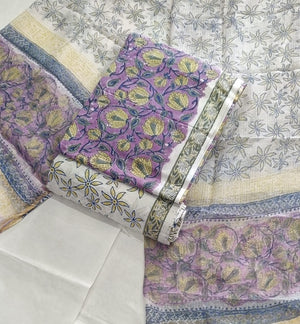 DRAVINAM Trends Sanganeri Hand Block Print Pure Cambric Unstitched Cotton Suit Dress Material with Kota Doriya Hand Printed Dupatta