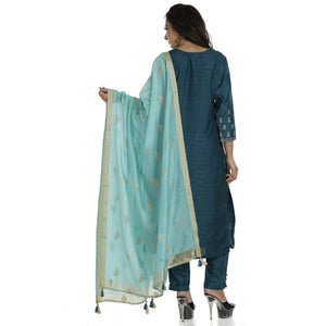 DRAVINAM Trends Women's Full Stitched Silk Zari Embroidered Pant Style Salwar Suit with Jacquard Dupatta (Greenish Blue and Light Green)
