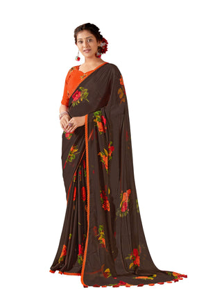 DRAVINAM Trends Women's Pure georgette Bandhani Print saree with Lace Borders and Solid Blouse Piece (Black)