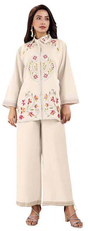 DRAVINAM Trends Women's Stitched Embroidered Pure Roman Silk Co-ord Set II Embroidered Collar Neck Shirt Style Silk Top II Solid Pants (L / 40)