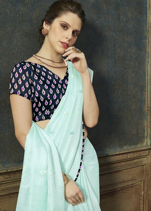 DRAVINAM Trends Women's Embroidered Khadi Linen Plain Saree with Ikat Printed Blouse Piece (Sky Blue and royal Blue)