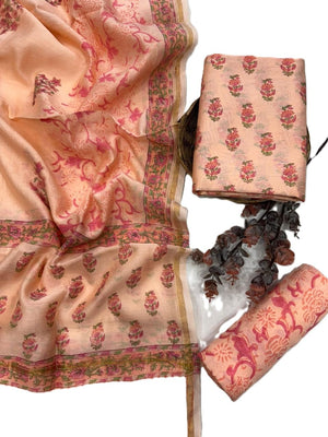 Women's Elegant Maroon Chanderi Block Printed Unstitched Salwar Suit Dress Material with Shantoon Bottom & Zari Border Dupatta