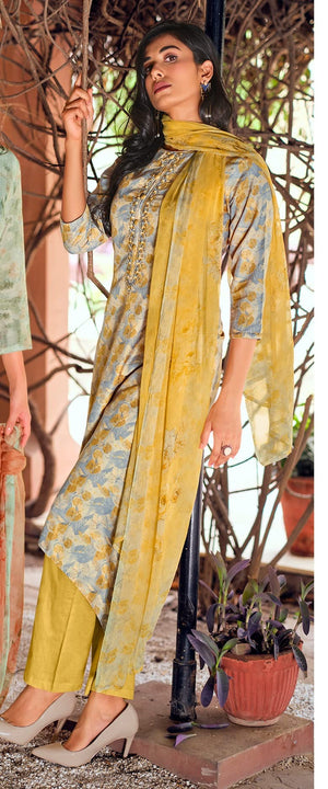 DRAVINAM Trends Women's Unstitched Digital Printed Pure Viscose Masline Embroidered Palazzo Salwar Suit Dress Material with Bemberg Chiffon Digotal Printed Dupatta (Blue)