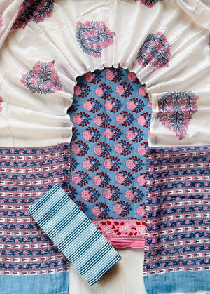 DRAVINAM Trends Hand Block Print Sanganeri Cambric Unstitched Cotton Suit Dress Material for Women with Mulmul Cotton Hand Printed Dupatta