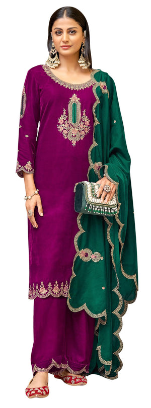 DRAVINAM Trends Women's Unstitched Premium Velvet Embroidered Salwar suit Dress Material with Embroidered Bottoms and Velvet Dupatta