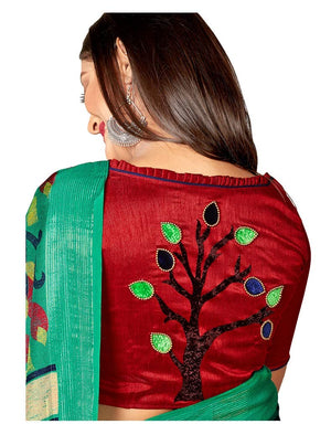 DRAVINAM Trends Women's Khadi Linen Saree With Un-stitched Blouse (SareePe_1_Green & Red)