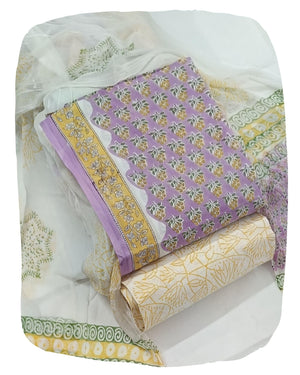DRAVINAM Trends Hand Block Print Pure Cambric Cotton Unstitched Suit Material with Chiffon Hand Printed Dupatta