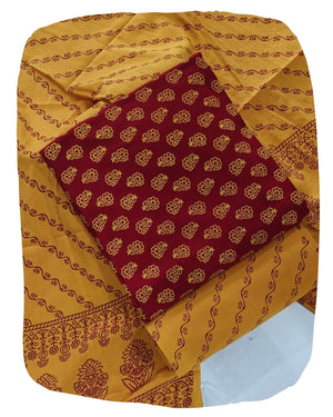 DRAVINAM Trends Women's Premium Cotton Unstitched Salwar Suit Dress Material Set | Traditional Rajasthani Gujari Block Print (Red & Mustard Yellow)