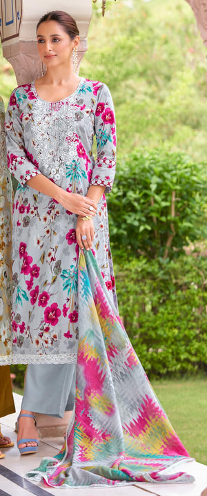 DRAVINAM Trends Women's Unstitched Salwar Suit Material - Pink - Cambric Cotton - Floral Print Top with Embroidery - Solid Cotton Bottom - Mal Mal Print Dupatta with Lace