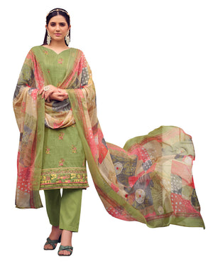DRAVINAM Trends Unstitched Printed Mirror Work Cotton Salwar Suits Dress Material with Chiffon Dupatta (Green)