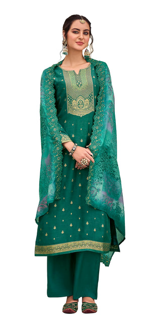 DRAVINAM Trends Women's Pure Dola Banarasi Silk Salwar Kameez Suit Dress Material with Digital Printed Embroidered Pure Viscose Heavy Silk Dupatta (