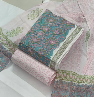 DRAVINAM Trends Hand Block Print Cambric Cotton Unstitched Salwar Suit Set for Women with Pure Chiffon Hand Printed Dupatta