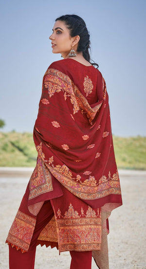 DRAVINAM Trends Women's Unstitched Woollen Pashmina Embroidered Salwar Suit Dress Material with Pashmina Printed Shawl Dupatta (Free size_Red)