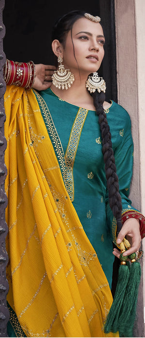 DRAVINAM Trends Women's Pure Banarasi Silk Jacquard Sequence embroidered Unstitched Salwar Suit Dress material with Chinon Silk Sequence and Embroidered Heavy Dupatta (Free size_Blue)