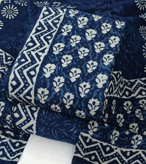DRAVINAM Trends Hand Block Dabu Print Indigo Cambric Unstitched Cotton Suit Dress Material for Women with Mulmul Cotton Hand Printed Dupatta