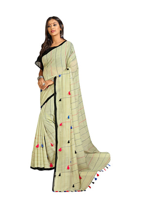 DRAVINAM Trends Women's Khadi Linen Saree With Blouse Piece (SareePN_6_Beige & Black)
