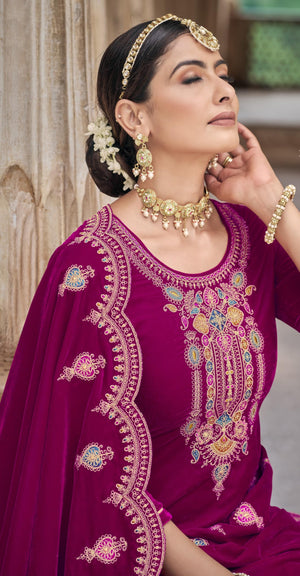 DRAVINAM Trends Women's Heavy Embroidered Pure Velvet Unstitched Salwar Suit Dress Materail with Unstitch Bottoms and Embroidered Shawl Dupatta