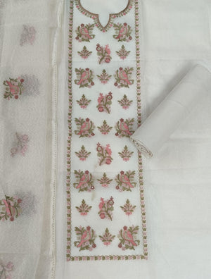 DRAVINAM Trends Women's Kota Doriya Embroidered Unstitched Salwar Suit Dress Material with Inner Lining & Kota Doriya Dupatta - Off-White/Pearl