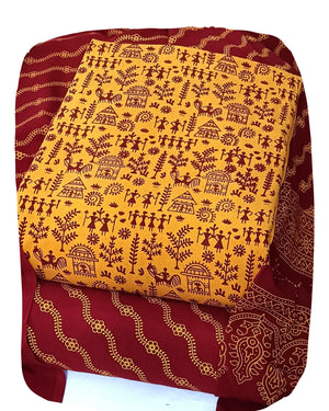 DRAVINAM Trends Women's Premium Cotton Unstitched Salwar Suit Dress Material Set | Traditional Rajasthani Gujari Block Print (Red & Mustard Yellow)
