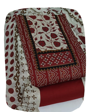 DRAVINAM Trends Women's Unstitched Cambric Cotton Dress Material Salwar Suit Set with Dupatta | Geometric Batik Print & Embellished Neckline (Multicolor)