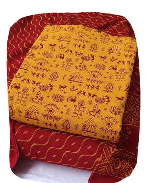 DRAVINAM Trends Women's Premium Cotton Unstitched Salwar Suit Dress Material Set | Traditional Rajasthani Gujari Block Print (Red & Mustard Yellow)