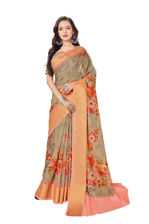 DRAVINAM Trends Women's Digital Printed Soft Cotton Linen Saree with Zari Weaving Border and Matching Blouse Piece (Green)