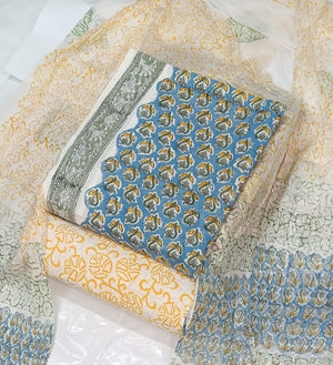 DRAVINAM Trends Hand Block Print Cambric Cotton Unstitched Salwar Suit Set for Women with Pure Chiffon Hand Printed Dupatta