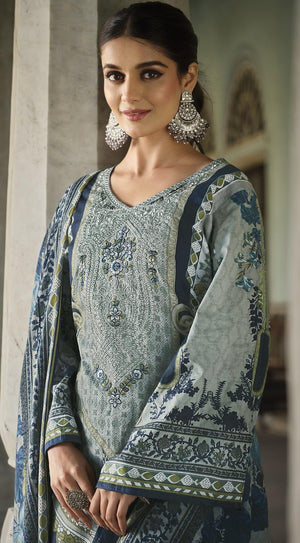 DRAVINAM Trends Women's Stitched Digital Style Print Embroidered Pure Cotton Kurta Pant Suit Set II Solid Pants II Printed Malmal Dupatta (XL / 42)